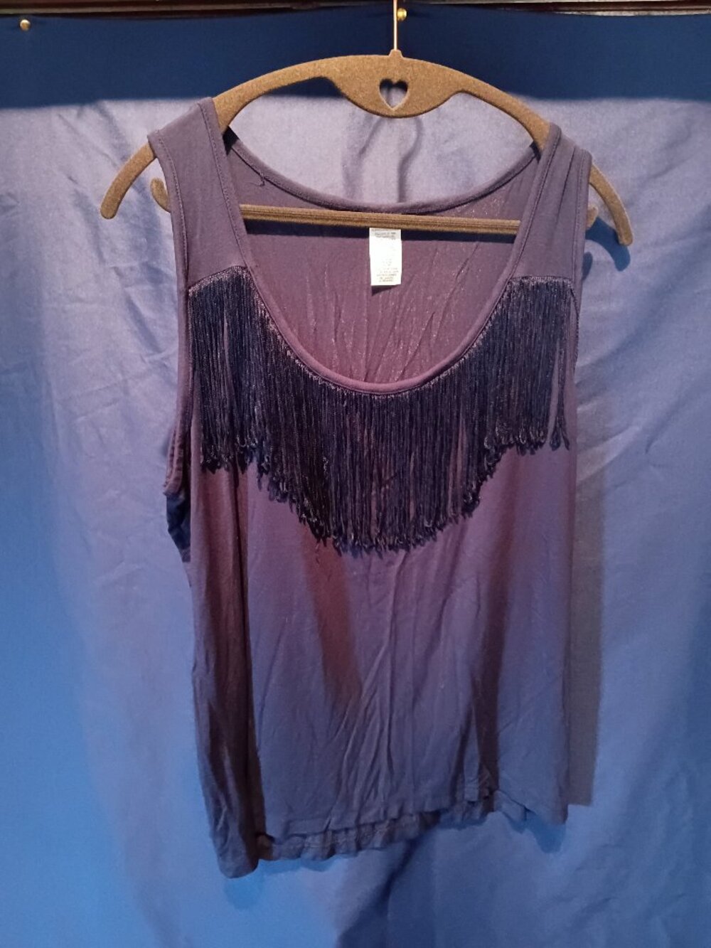 Vintage Avon navy top w/fringe Large